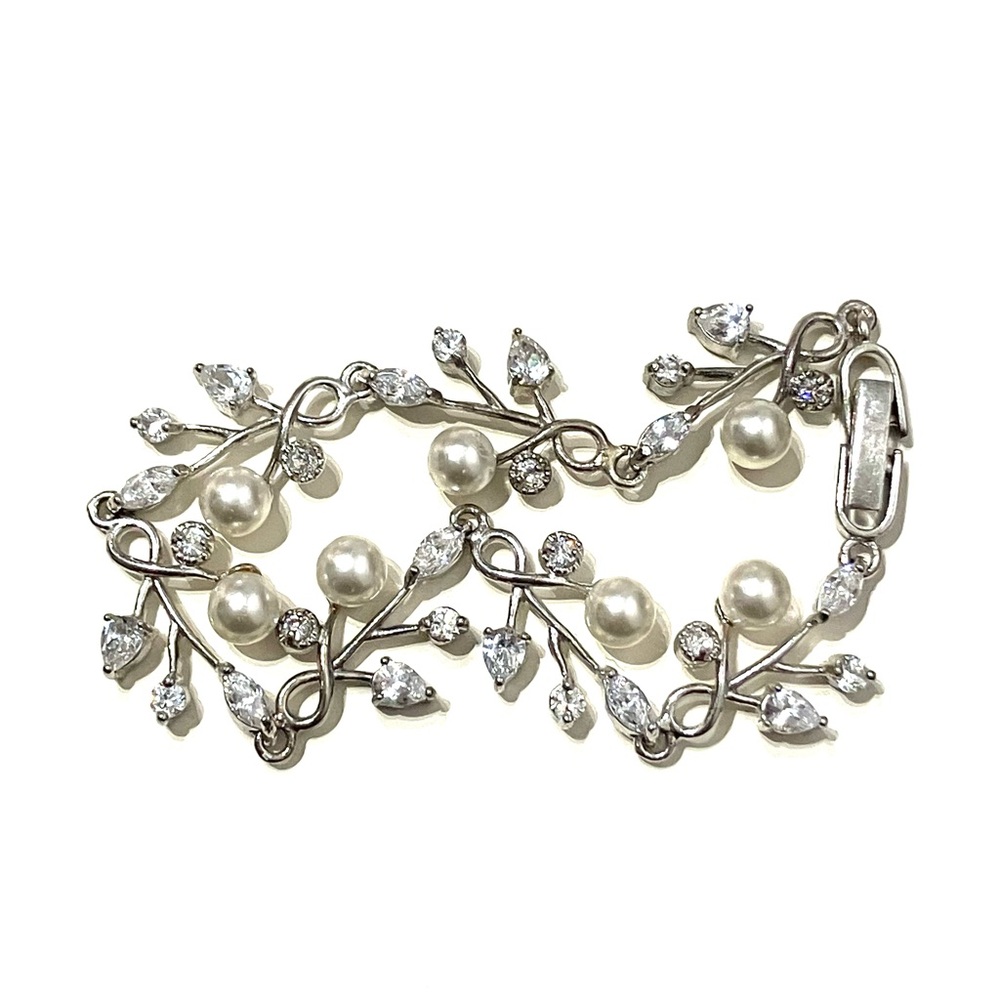 Sterling Silver 925 CZ Faux Pearl Clusters Vines Bracelet 6” - Picture 7 of 8